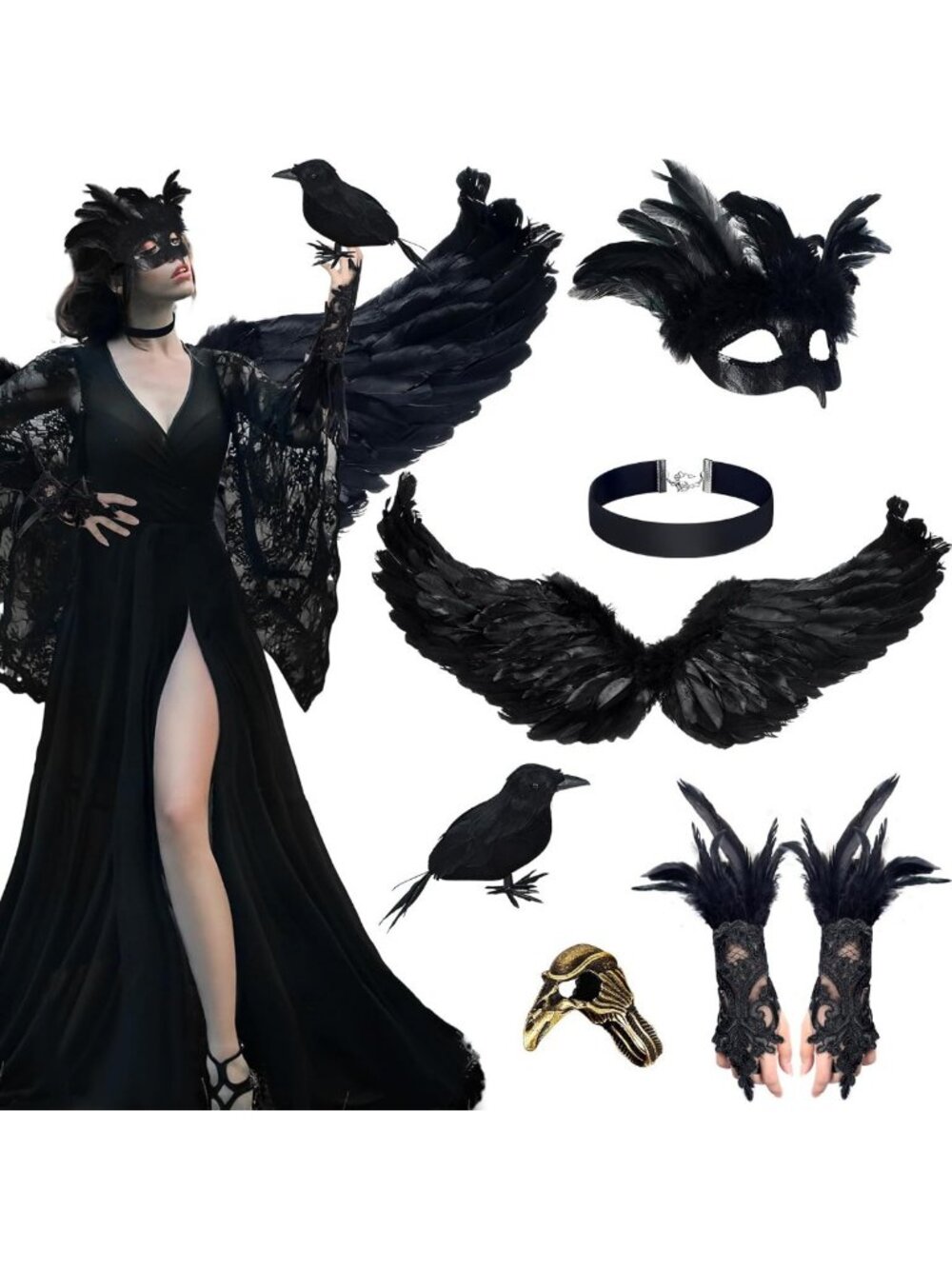 6 Pcs Halloween Crow Feather Costume Set for Women | Bird-Themed Outfit